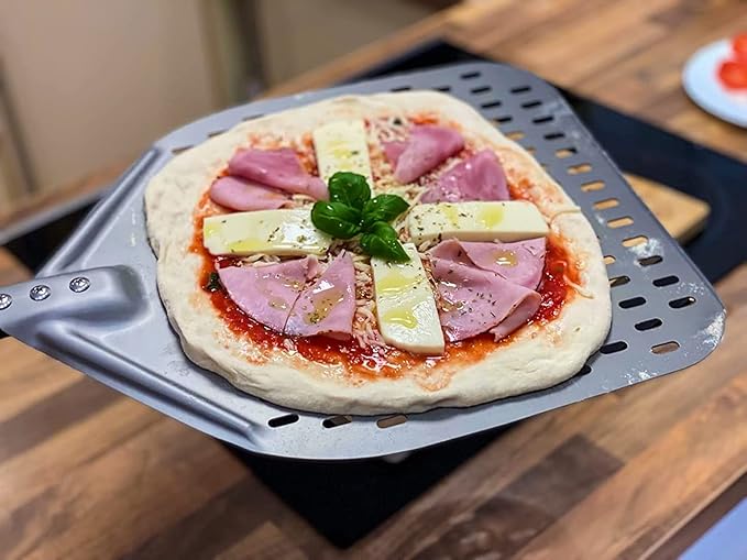 12-Inch Perforated Pizza Peel: Hard Anodized Aluminum Pizza Spatula with Silicone Handle, Professional Large Pizza Turning Peel, Pizza Paddle, 26-Inch Overall