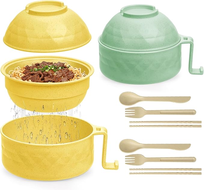 2 Sets Microwave Ramen Cooker,33 oz Ramen Bowl Set,Microwave Noodle Bowl,Ramen Bowl With Chopsticks and Spoon, College Dorm Room Essentials, Apartment Essentials, BPA-Free(yellow green)