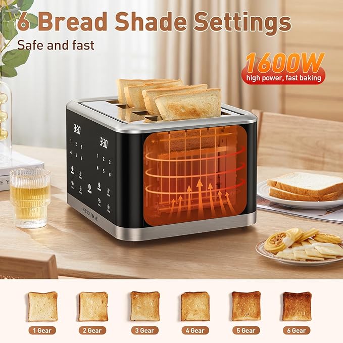 Secura 4-Slice Touchscreen Toaster – Digital Countdown, Dual Control Panels for Personalized Toasting