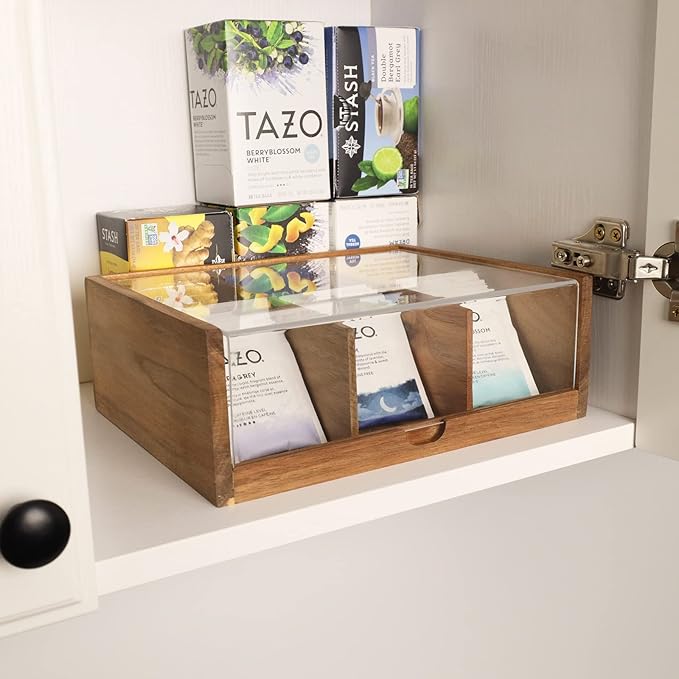 Tea Bag Organizer 6 Compartments by HTB|  Gift Box Acacia Wood Tea Organizer for Tea Bags with Acrylic Transparent Hinged Lid