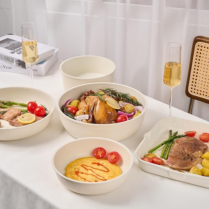 JEETEE Pots and Pan Set Non Stick 25pcs, Cookware Set with Removable Handle, Induction Kitchen Cooking Sets with Detachable Handle, RV Camping Stackable Pots Pans, Oven Safe, PFOA Free, Beige