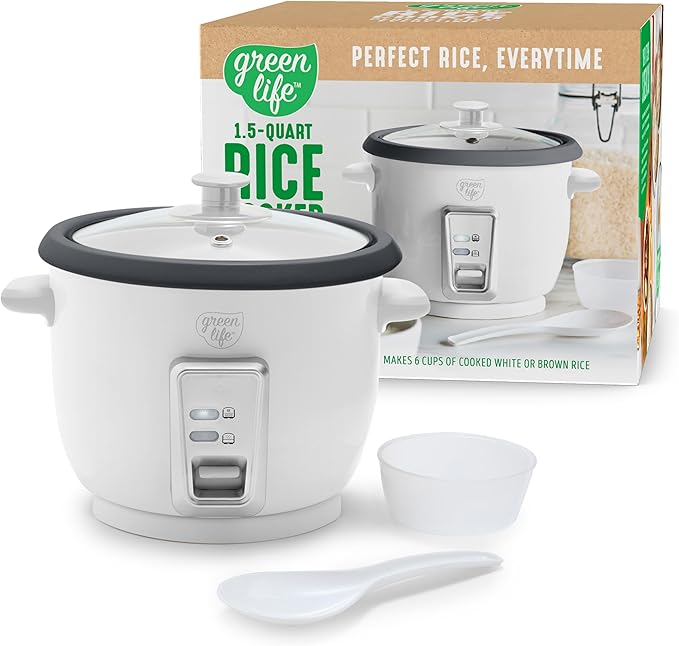 GreenLife Electric Rice Cooker, 3-Cups Uncooked/6-Cups Cooked, Removable PFAS-Free Nonstick Pot, One-Switch Design, Auto Keep Warm, Small Space Saving, Rice Paddle, Soup, Grains, Oatmeal, 1.5 QT, White