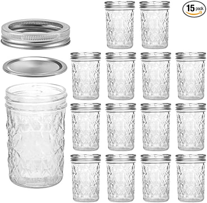 VERONES Mason Jars 8 OZ, 8 OZ Canning Jars Jelly Jars With Regular Lids, Ideal for Jam, Honey, Wedding Favors, Shower Favors, 15 PACK
