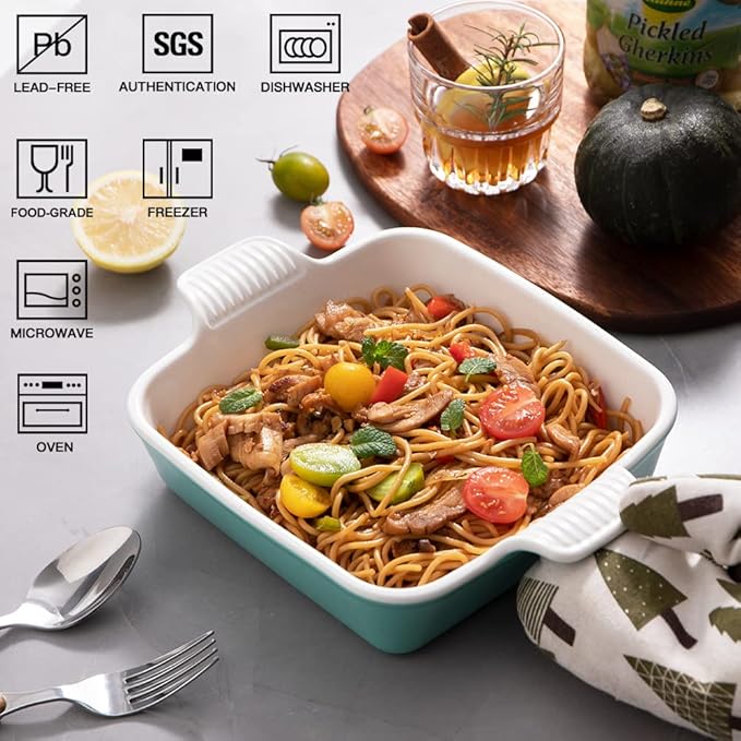 Sweejar Ceramic Baking Dish, 8 x 8 Cake Baking Pan for Brownie, Porcelain Square Bakeware with Double Handle for Casserole, Lasagna, Family Dinner (Dark Turquoise)