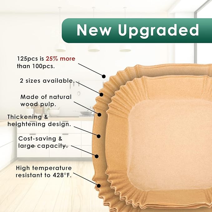 Air Fryer Paper Liners: 125Pcs Parchment Paper, Air Fryer Liner Disposable, Oilproof Waterproof Airfryer Basket Liner Square (6.5inch)