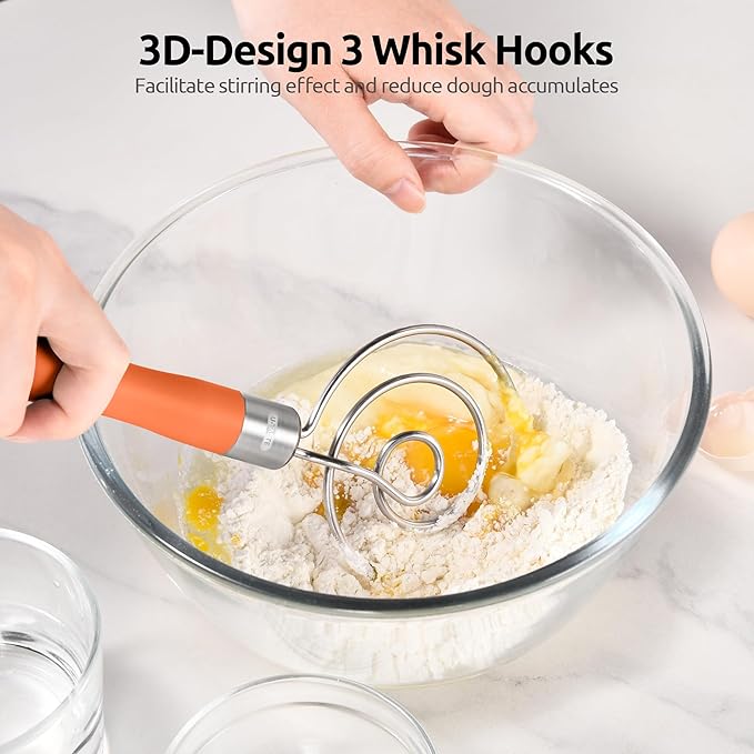 U-Taste 12.6in Danish Dough Whisk: 18/8 Stainless Steel Heavy-Duty Sourdough Mixer Tool, Food Grade Dutch Style Seamless Bread Wisk, Sturdy for Mixing, Stirring, Kneading Thick Batter (Orange)