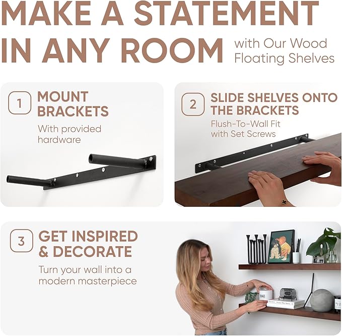 Homeforia Walnut 42 inch Floating Shelves, High End Solid Real Wood 42inch Floating Shelf for Wall, Large Dark Brown 42 inches Long Floating Shelves, Heavy Duty Bracket, 42 X 6.5 X 1.75 inch, Set of 2