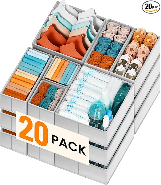 Criusia 20 Pack Drawer Organizer Bins - Grey Fabric Closet Organization and Storage Dividers for Baby Clothes, Adult Socks, Underwear, Bra, etc.