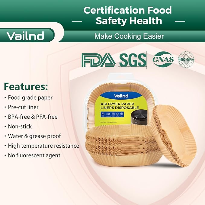Vailnd Air Fryer Liners Disposable, 150 Pcs 8" Unbleached Parchment Paper Sheets Square, Heavy-duty Baking Paper Liner for Air Fryers Cooking Oven Steamer, Non-Stick, Grease-Resistant