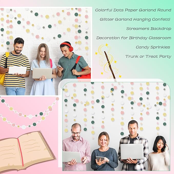 Outus 5 Pieces Colorful Dots Paper Garland Round Glitter Garland Hanging Confetti Streamers Backdrop Decoration for Birthday Classroom Candy Sprinkles Trunk or Treat Party (Sage Green,Pink,Gold)