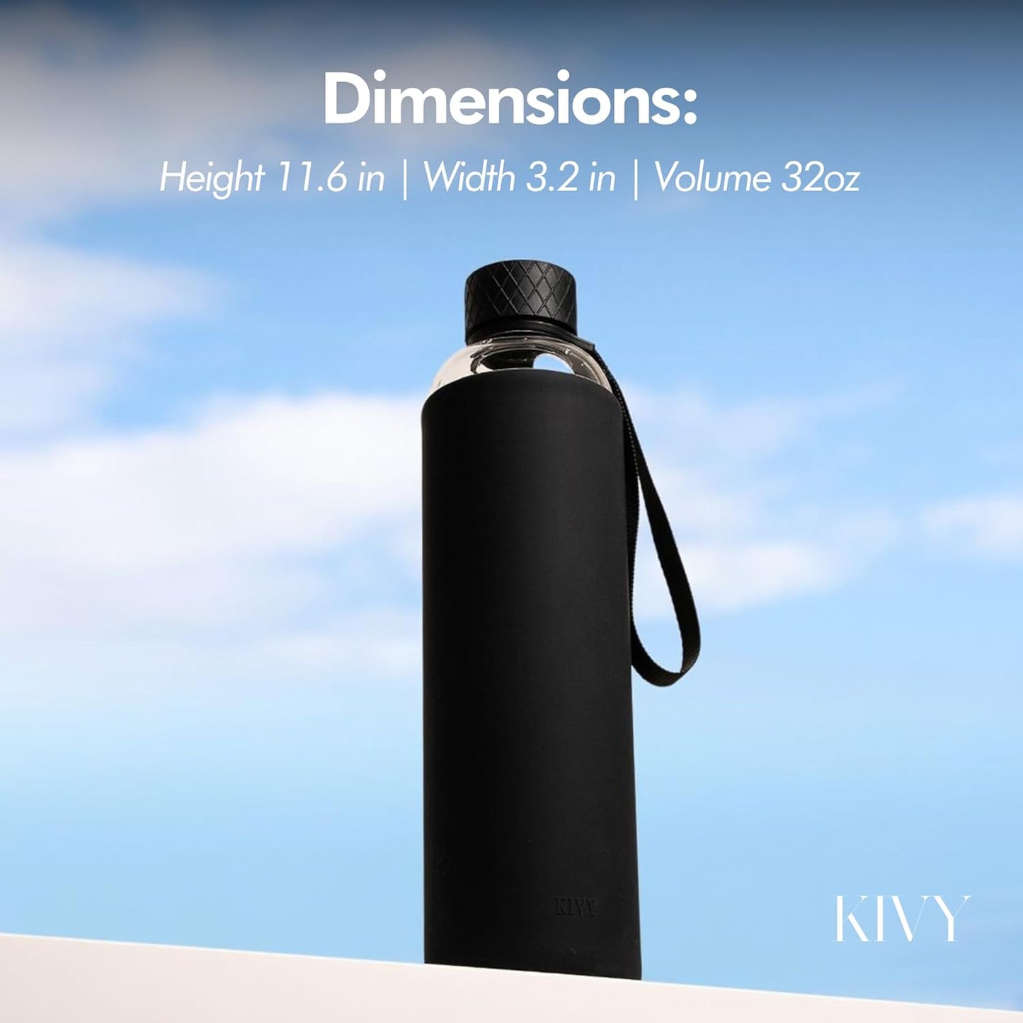 KIVY Glass Water Bottle with Silicone Sleeve 32 oz [WITH MEASUREMENT] - Borosilicate Glass Water Bottle Screw Top - Black Waterbottle Aesthetic - Clear Bottles with Measurement Marking