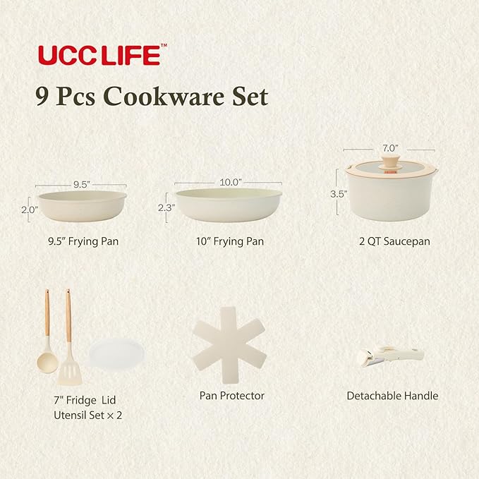 UCClife 9-Piece Nonstick Cookware Set - PFOA/PTFE Free Non-Toxic Pots & Pans, Detachable Handles, Oven & Dishwasher Safe, Scratch Resistant