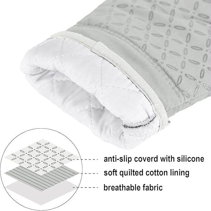 KEGOUU Oven Mitts and Pot Holders 6pcs Set, Kitchen Oven Glove High Heat Resistant 500 Degree Extra Long Oven Mitts and Potholder with Non-Slip Silicone Surface for Cooking （Greenish Gary）