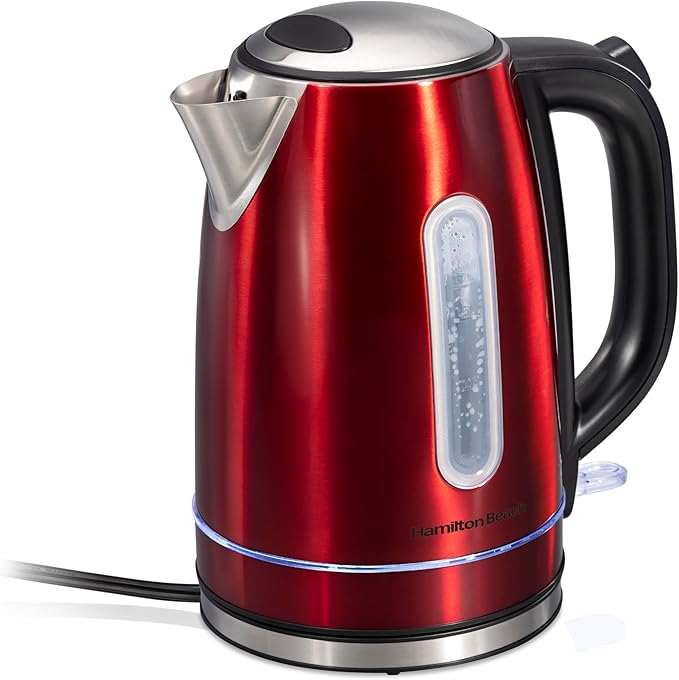 Hamilton Beach Electric Tea Kettle, Water Boiler & Heater, 1.7 Liter, Cordless Serving, 1500 Watts for Fast Boiling, Auto-Shutoff and Boil-Dry Protection, Red with LED Light Ring (41060)