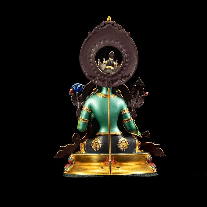 Buddha Statue Indoor, Green Tara Buda Sculpture for Home Decor, Hand-Painted Colored Buddhist Budda, Nepalese Craft Handmade Tibetan Buddhism Meditation Copper, 5.51"