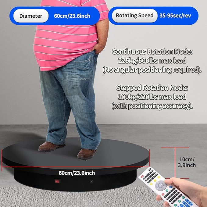 23.6In Remote Large Motorized electric turntable Rotating platform Photography Turntable Motorized lazy susan Base giratoria para for Photography,3D Scanner,Heavy duty display(Load Range:220~500lbs)