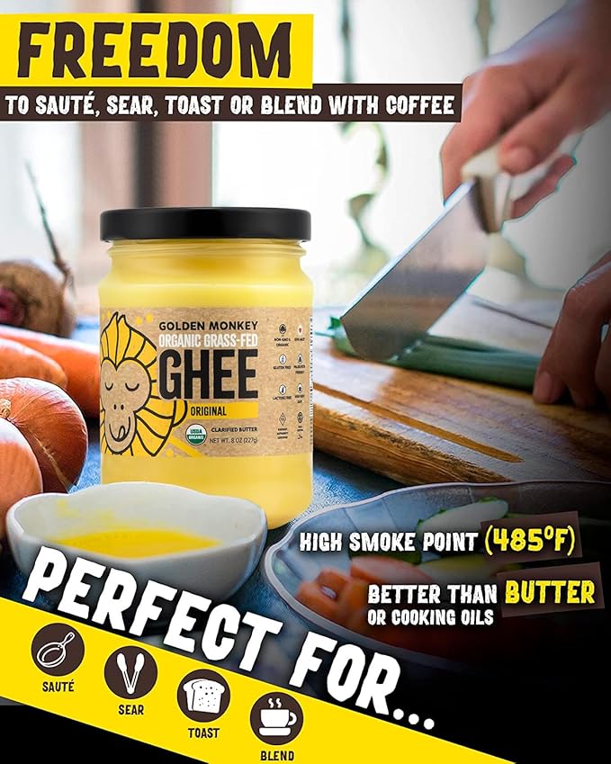 GOLDEN MONKEY Organic Ghee Butter – Grass Fed Clarified Butter for Cooking, Baking, Keto & Gut Health – Ghee Butter Organic Grass Fed from Small Farms – Smooth Spread with High Smoke Point (8oz)