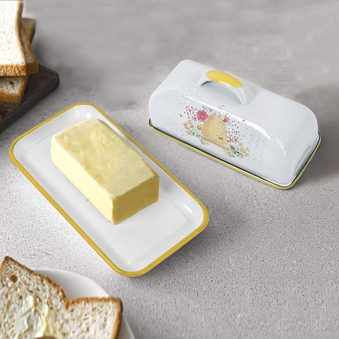 Enamel Butter Dish with Lid Vintage Enamelware Butter Keeper with Flower and Bird Patterns Farmhouse Butter Container Butter holder for Countertop Kitchen Decor(Orange)