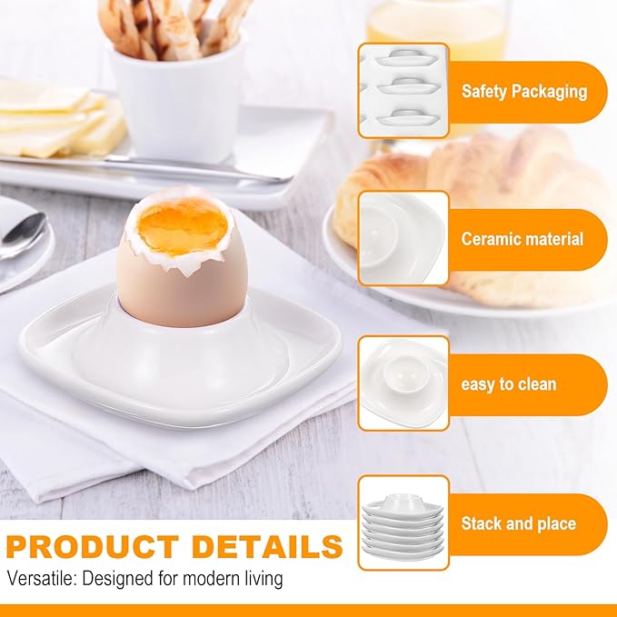 Honeydak 8 Pcs White Ceramic Egg Cups Hard Soft Boiled Egg Holders Stackable Porcelain Dish with Base for Breakfast Brunch Kitchen Serving Table Decor