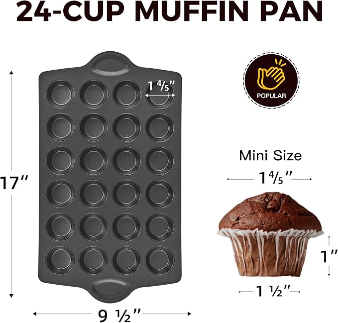 HONGBAKE mini muffin pan nonstick 24, Cupcake Tin for Baking, Commercial Small Cup Cake Tray for Cheesecake, 1.8dia, Heavy-duty, Gray