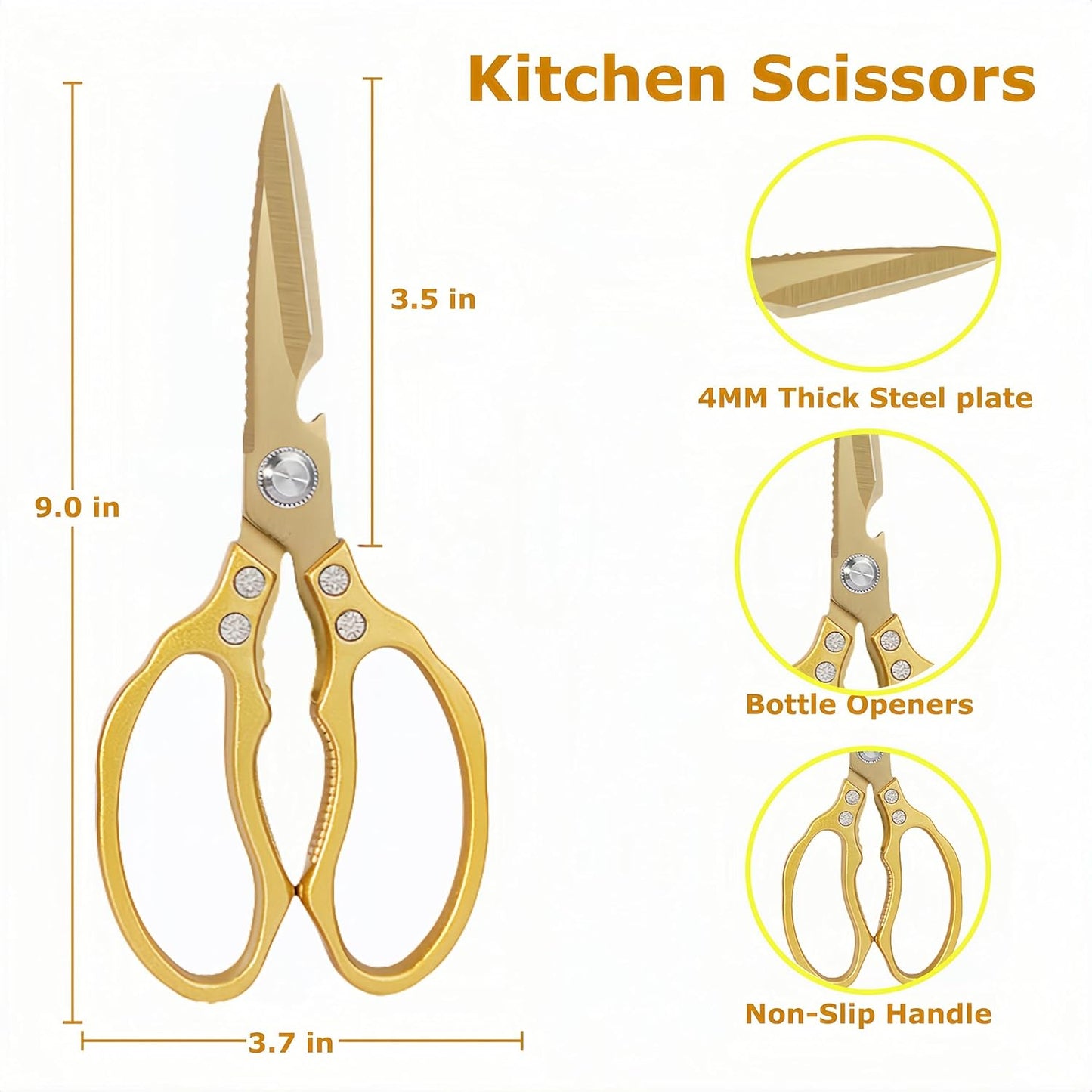 Kitchen Scissors, Heavy Duty Sharp Kitchen Shears Dishwasher Safe, Kitchen Accessories Cooking Shears for Kitchen Meat Chicken Fish Poultry Herb Bread (All Gold), skr-05