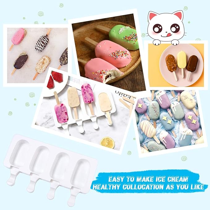 2 Larger Cakesicle Molds Silicone with 100 Wooden Sticks & 100 Parcel Bags, Silicone Popsicles Molds, Cake Pop Mold, Ice Pop Mold 4 Cavities DIY Ice Cream Mold