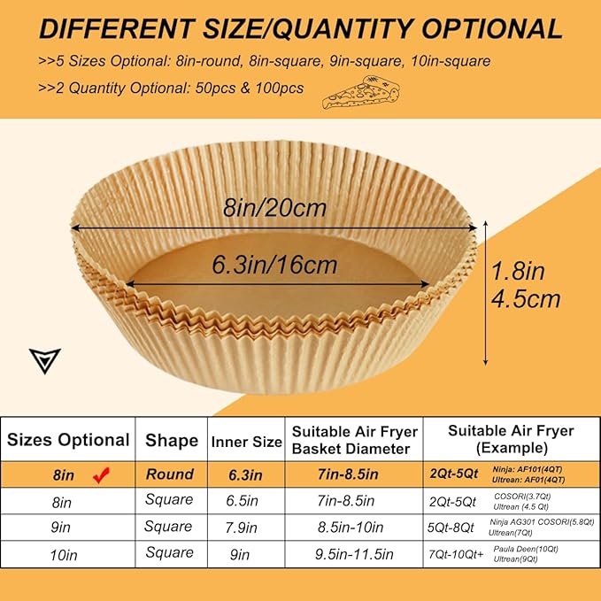 BYKITCHEN Air Fryer Parchment Paper for 2 to 5 QT, Set of 100, 8inch Round Airfryer Liners, Nonstick Air Fryer Filter Paper, Compatible with Ninja, Chefman Airfryer and More