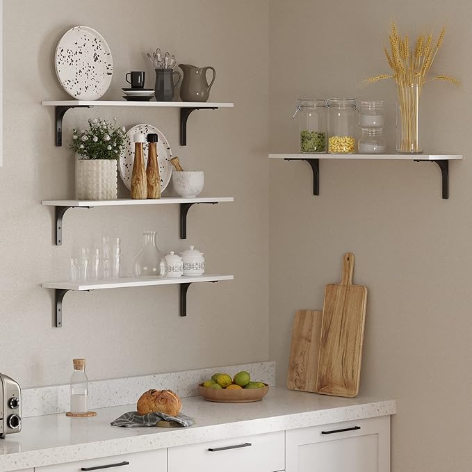 DINZI LVJ Long Wall Shelves, 23.6 Inch Wall Mounted Shelves Set of 2, Easy-to-Install, Wall Storage Ledges with Sturdy Metal Brackets for Living Room, Bathroom, Bedroom, Kitchen, White