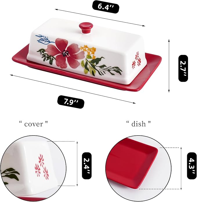 Butter Dish Ceramic Butter Keeper Butter Dish with Lid, Butter Container, RED