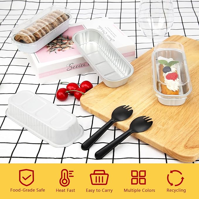 LNYZQUS Mini Loaf Pans with Lids 100 Pack, 6.8oz Mini Cake Pans Rectangle Aluminum Foil Baking Tins Containers,Disposable Small Cake Baking Pan Cupcake Baking Cups Muffin Tins-White