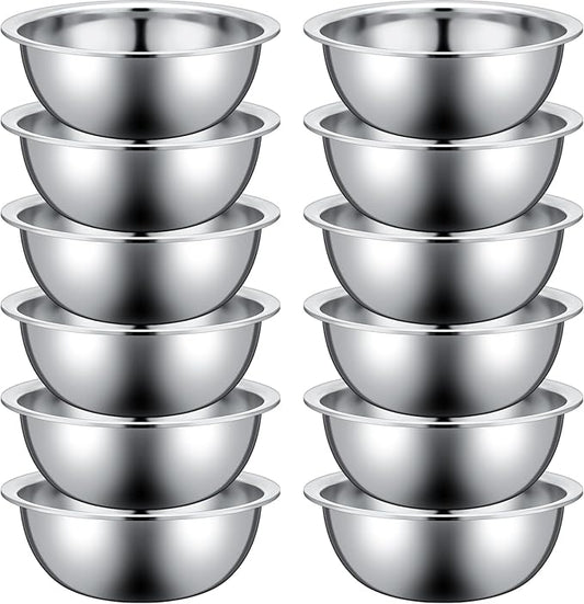 Pinkunn Set of 12 Stainless Steel Mixing Bowls, Nesting Metal Prep Salad Bowl Bulk Kitchen Large Reusable Baking Food Container for Hotel Restaurant Home Cooking, Silver(10.2 x 3.26 Inch)