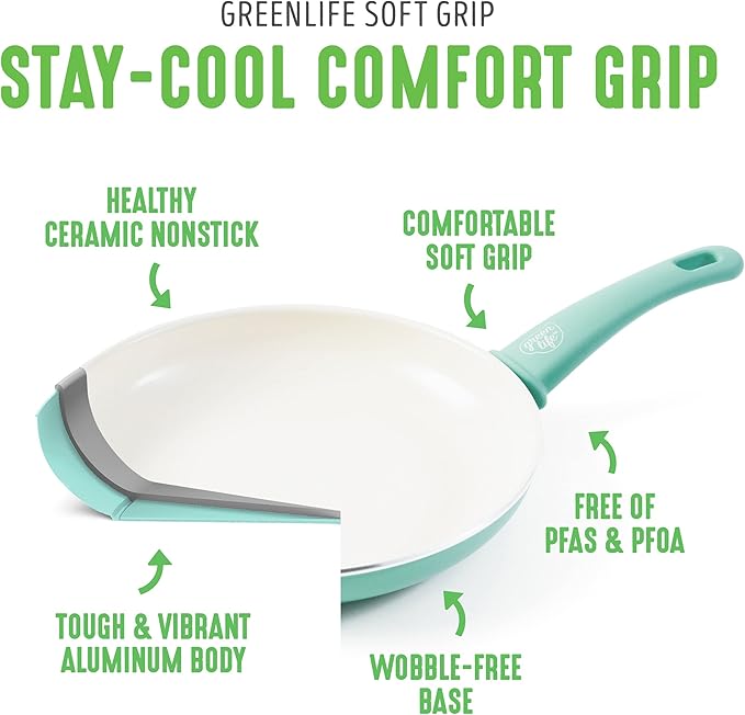 GreenLife Soft Grip 16 Piece Cookware Set, Non-Toxic PFAS-Free Ceramic Nonstick, Pots, Frying, Sauce, Saute, Glass Lids, Stay-Cool Handles, Wobble Free Bases, Dishwasher & Oven Safe, Turquoise