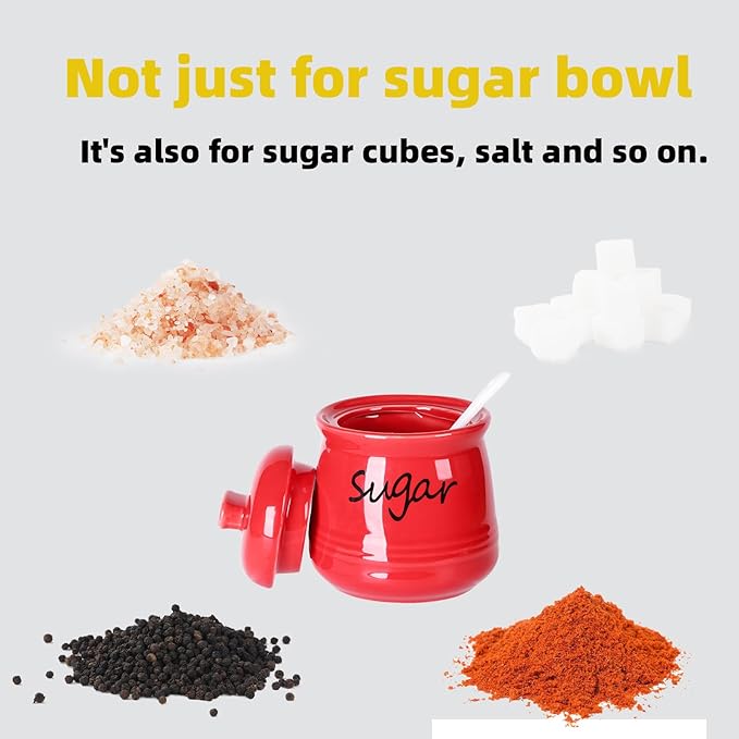 ONTUBE Ceramic Sugar Bowl with Lid and Spoon 12oz (Red)