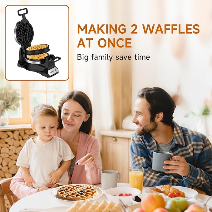Waffle Maker, Double Belgian Waffle Maker 180°Flip, 1400W Waffle Iron 8 Slices, Rotating & Nonstick Plates with Removable Drip Tray for Easy Clean, Stainless Steel, Locking Buckle & Cool Touch Handle
