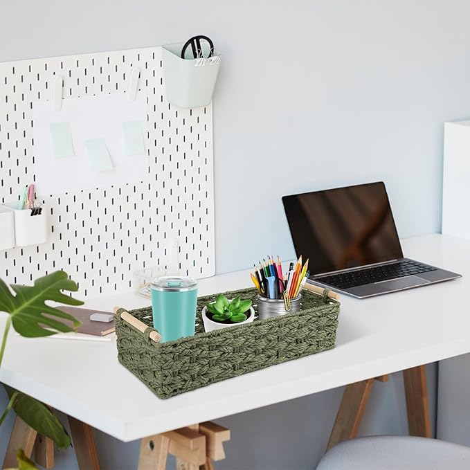 OIAHOMY Toilet Paper Baskets Handmade Paper Rope Decorative Wicker Storage Tank Shelf Cabinet Organizer for Bathroom Home, Set of 2, Green