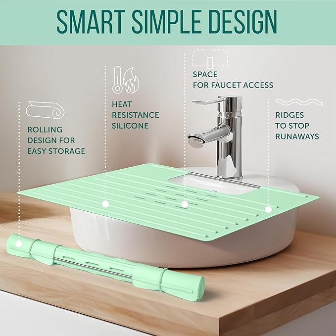 Maplefield Silicone Over-the-Sink Makeup Mat - Mint 22 x 2 x 2 In - Heat-Resistant up to 400°F - Foldable Sink Cover for Counter Space - Travel-Friendly Vanity Topper