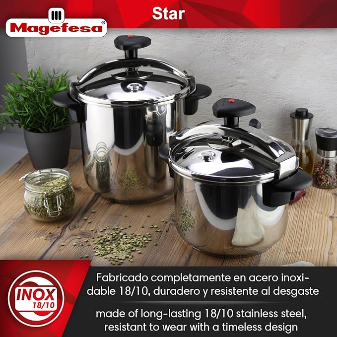 MAGEFESA Star Pressure Cooker, 6.3-Quart, 18/10 Stainless Steel, Works on All Stovetops (Induction Compatible), Safety Lock & 8 PSI Cooking