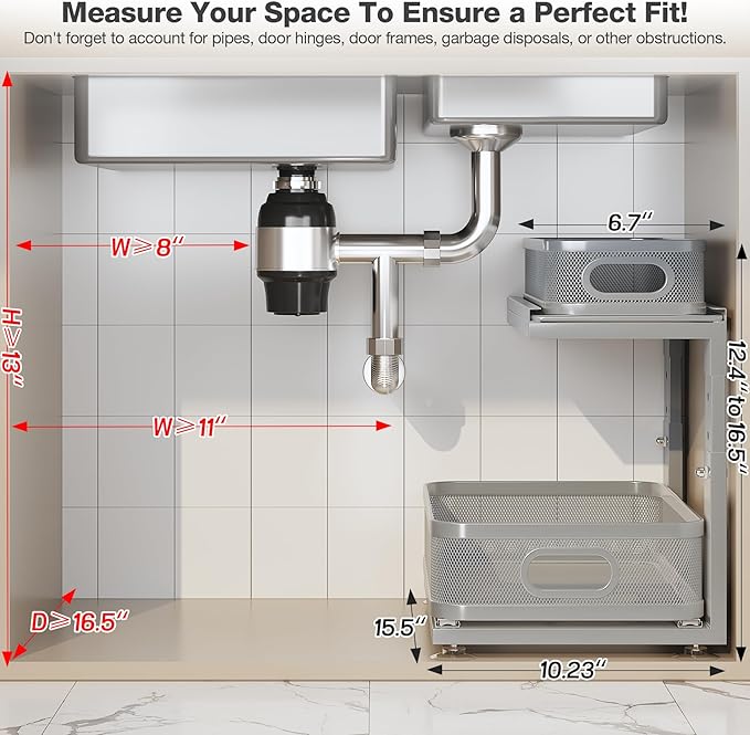 1 Pack 15.5IN-Depth Under Sink Organizer With Next-Gen Ball-Bearing Slides,2-Tier Precision Mesh Pull Out Cabinet Storage for Bathroom&Kitchen,Height Adjustable Drawers Shelf,Anti-rust-Grey