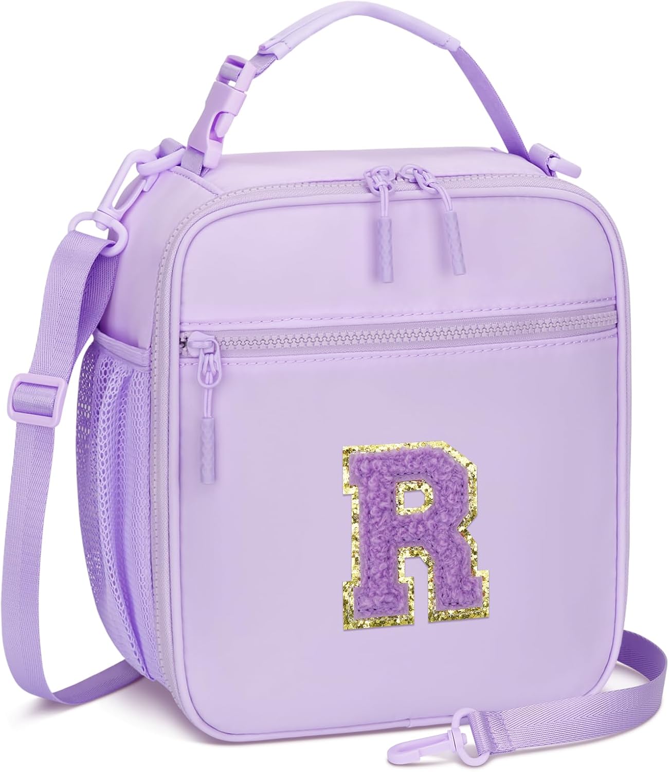 Initial Insulated Lunch Bag for Girls Kids, Back to School Gift, Reusable Leak-proof Lunch Box with Adjustable Strap for School Daycare Travel Picnic (Purple,R)