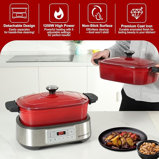 Electric Dutch Oven Multi-Cooker, 5.8QT Enameled Cast Iron Pot - 1250W Fast Heating, 6 Preset Functions, Digital Display & Keep Warm, Oven Safe Pot To 392℉, with Removable Pot, Steam Rack