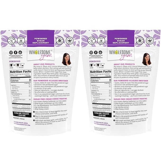Wholesome Yum Powdered Allulose Sweetener - Natural Keto Powdered Sugar Substitute - Non GMO, Zero Carb, 0 Calorie, Sugar Free, No Aftertaste - Confectioners Sugar Replacement (12 oz, 2 Pack)