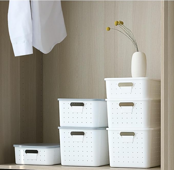 vacane Large White Storage Baskets with Snap Lid, Extremely Durable, Storage Baskets for Organizing Stackable Storage Box with Handle for Playroom Classroom Closet Office, 14 x 10 x 8 inch