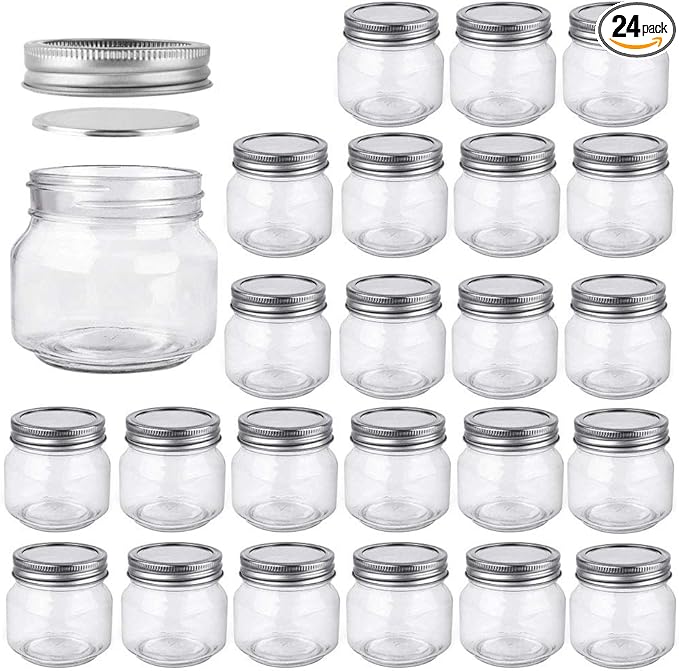Betrome 8 oz Mason Jars, 24 Pack 240ml Glass Canning Jars with Regular Mouth Lids, Glass Storage Containers for Overnight Oats, Jam, Jelly, Honey, Beans, Spice, Wedding Party Favor, Shower Favor