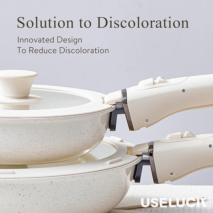 Pots and Pans Set Healthy Non toxic Non Stick Ceramic Cookware Set 21 Pcs Detachable Handles, Oven Safe, Induction Dishwasher, Stackable Frying Pan (PFOS, PFOA Free),Cream White