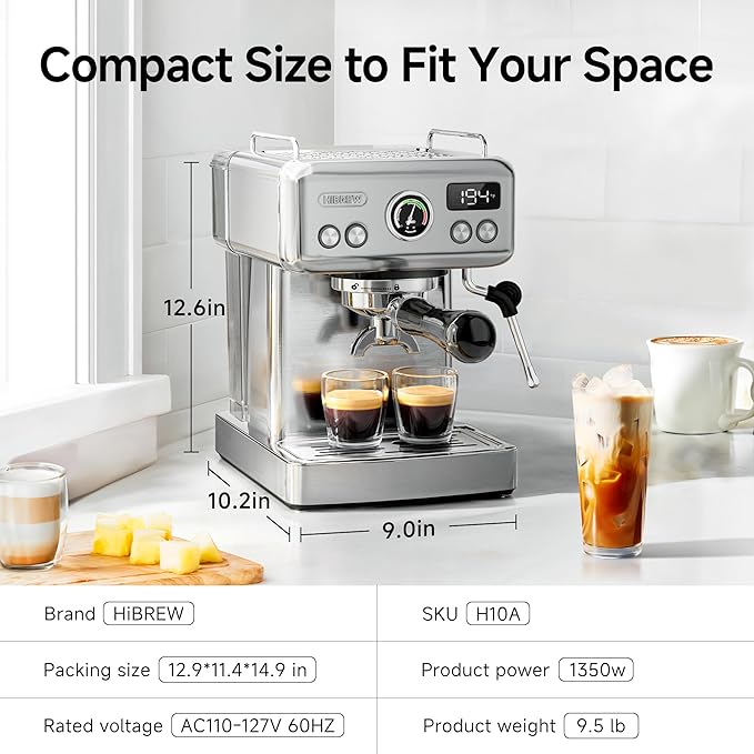HIBREW H10A 58mm Espresso Machine, Compact Design with Stainless Steel Portafilter, Customizable Temp & Coffee Volume, Smart Display + 20Bar Pressure Gauge.