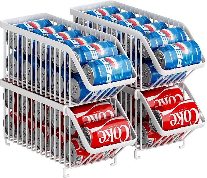 GILLAS 4 Pack Stackable Soda Can Organizer for Refrigerator, Can Holder Dispenser, Canned Food Storage Rack for Fridge, Kitchen, Countertops, Cabinets, White