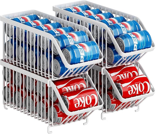 GILLAS 4 Pack Stackable Soda Can Organizer for Refrigerator, Can Holder Dispenser, Canned Food Storage Rack for Fridge, Kitchen, Countertops, Cabinets, White