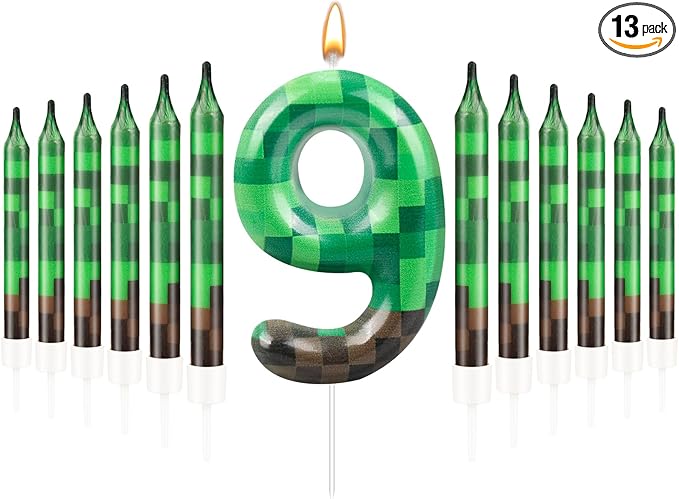 13 Pcs Dynamite Candles 12 TNT Themed Birthday Cake Candles and Number 9 Candle Cake Topper for Pixel Theme Birthday Party Anniversary Party Dynamite Theme Party Video Game Party Supplies (Number 9)