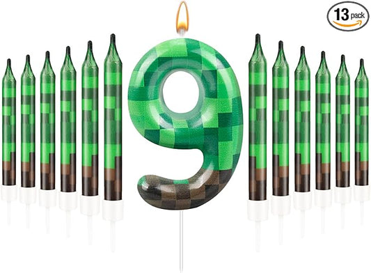 13 Pcs Dynamite Candles 12 TNT Themed Birthday Cake Candles and Number 9 Candle Cake Topper for Pixel Theme Birthday Party Anniversary Party Dynamite Theme Party Video Game Party Supplies (Number 9)