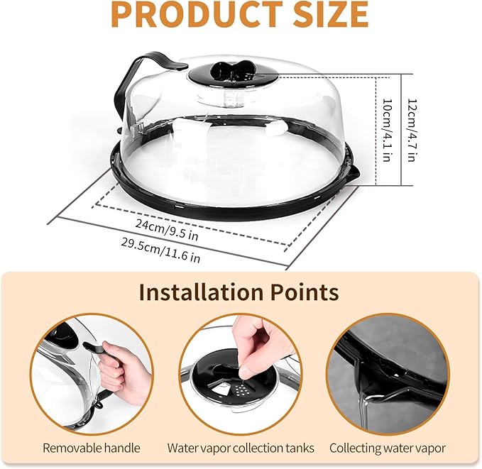 Microwave Splatter Cover, Microwave Cover with Water Steamer, 10 Inch Plate Covers with Integrated Handle Splatter Guard, Kitchen Gadgets & Accessories, House Essentials for Gift-Black